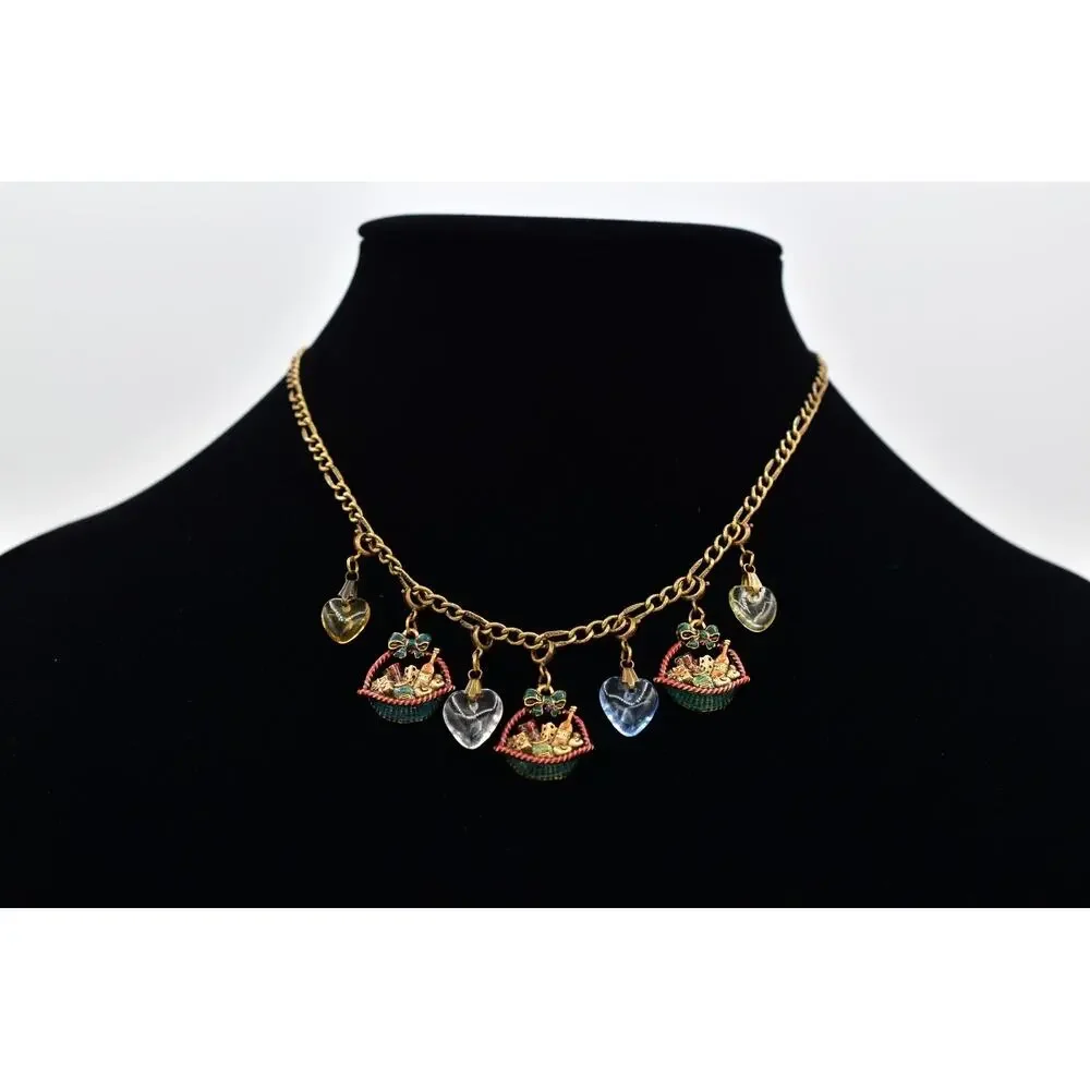 Anna Koplik Vintage Charm Necklace Collar Picnic Basket Wine Heart Signed BinBL